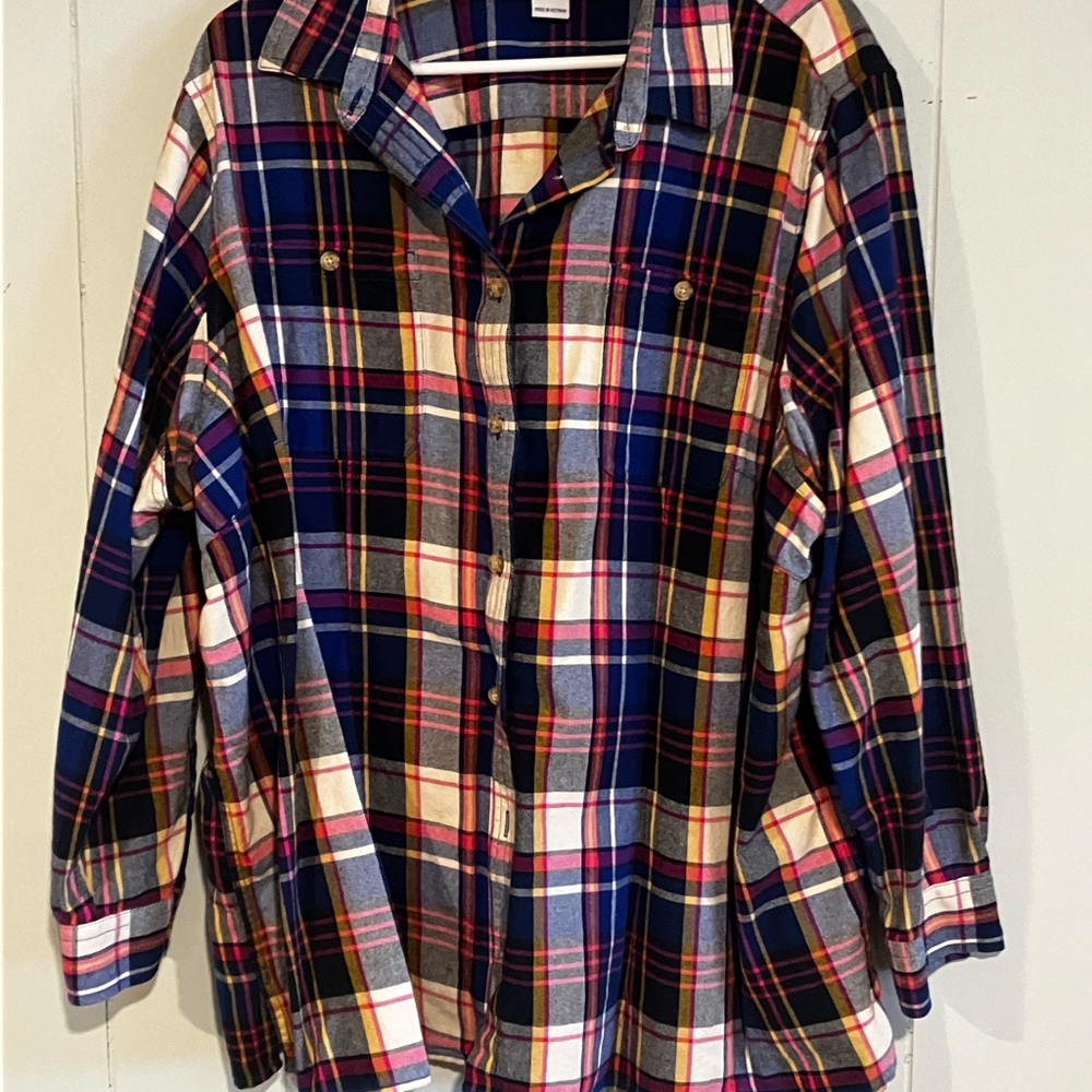 Duluth Trading Co Plaid Button Down Shirt - Navy, royal blue, pink and yellow